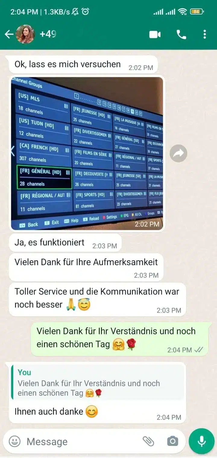 Positive Kundenbewertung WhatsApp Chat über IPTVAboKaufen Erfahrung